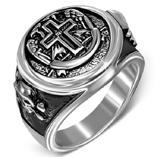 Stainless Steel 316L Latin Cross Pirate Skull Crossbones Ring