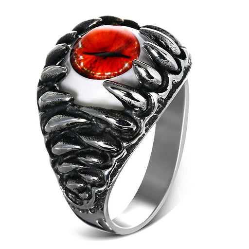 Stainless Steel 2-Tone Red Eyeball Shark Tooth Ring