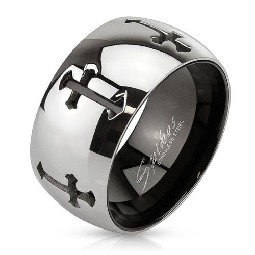 Stainless Steel 2 Tone Inner Black IP Band Ring With Grooved Crosses