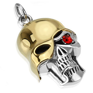 stainless steel skull pendant with ruby red eye and gold helmet