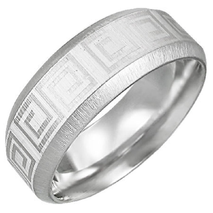 Satin Finished Greek Key Design Stainless Steel 8mm Ring with Beveled Edge and Comfort Fit