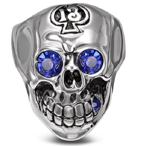 Stainless Steel 316L Blue Eyes CZ Skull With 13 Of Spades Ring