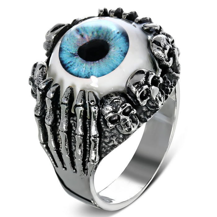 Stainless Steel 316L 2-Tone Blue Eyeball Hand Skull Ring