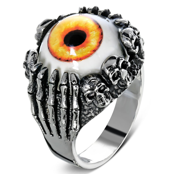 Stainless Steel 316L 2-Tone Orange Eyeball Hand Skull Ring