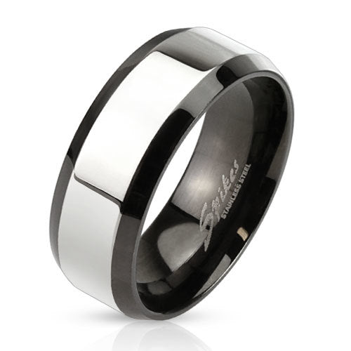 Stainless Steel 2-Tone Band Ring With Beveled Edge & Glossy Center