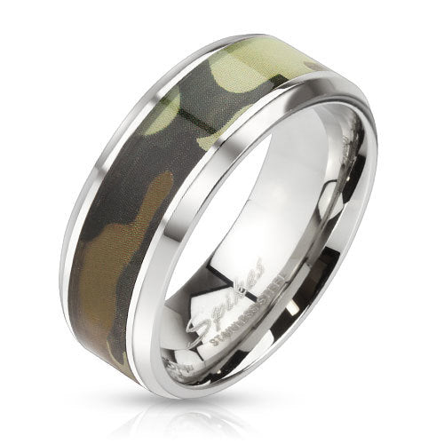 Stainless Steel Beveled Edge Band Ring With Camouflage Inlay