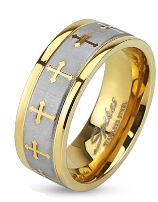 Stainless Steel 2 Tone 6mm Celtic Cross Gold IP Ring with Brushed Center